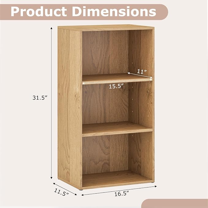 3 Shelf Bookshelf, 31.5” Small Bookcase with 2 Adjustable Shelves, Wooden Bookshelves and Bookcases, Modern Display Shelf, 3 Cube Storage Organizer for Home Office Bedroom (Natural)