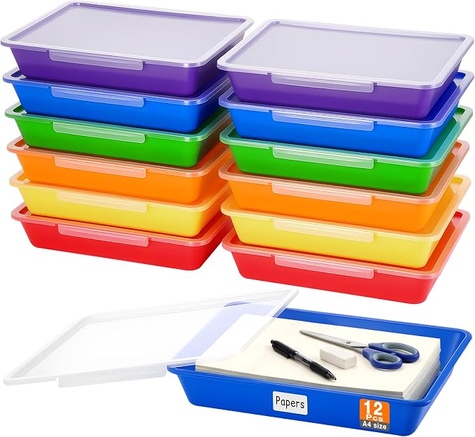Tinlade 12 Pcs Classroom Paper Storage Bins with Clear Latching Lid, Label Stackable Letter Size Flat Tray Container for Teacher Back to School Supplies Home Office Desk Arts Crafts (Rainbow,13x10in)