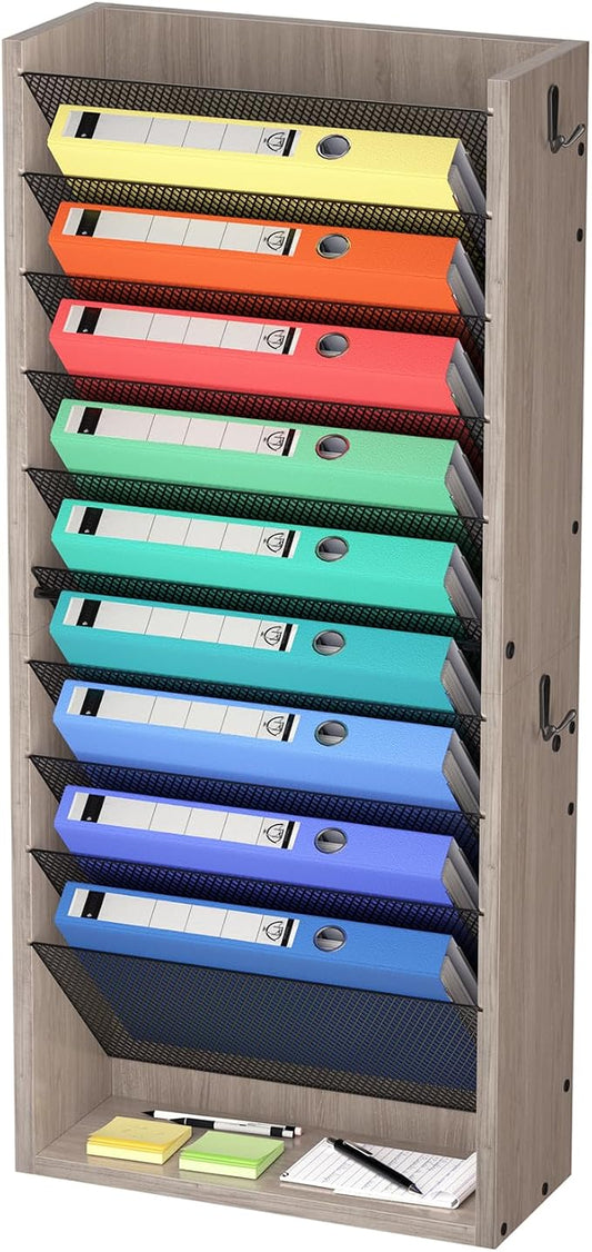 Creso hom Mail Organizer Wall Mounted, Mail Sorter with 2 Key Hooks, 11-Slot File Organizer for Wall or Desk, Wood Letter Holder Envelopes Bills Accessories for Home Office, Greige