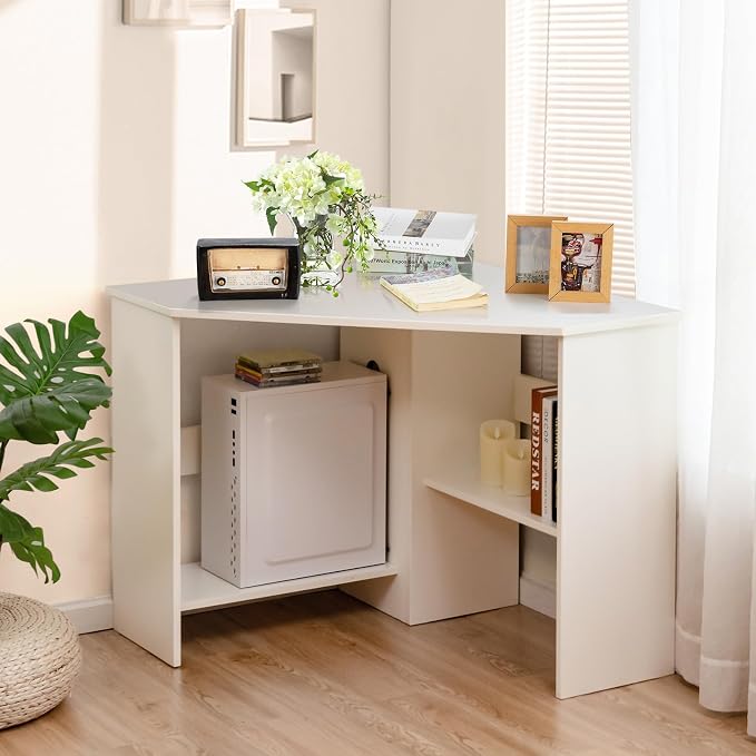 LDAILY Moccha Corner Desk, Space-Saving Computer Desk for Small Spaces, Vanity Desk with Storage Shelves & 2 Cable Holes, for Home Office, Living Room, Bedroom (White)