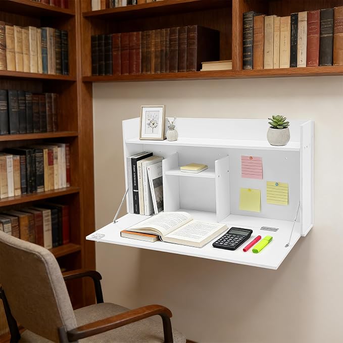 Wall-Mounted Foldable Desk Cabinet with Storage Drawers, Space-Saving White PVC Organizer for Home Office, Study Room, Bedroom, Small Apartment & Remote Work