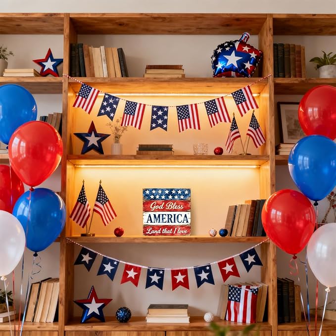Patriotic Wooden Box Sign,God Bless America 4th Of July Signs Home Decor,Independence Memorial Day Block Sign for Desk Shelf Tabletop Decor