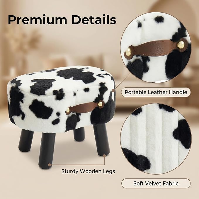 Foot Stools Small, Cow Ottomon with Handle, Velvet Footrest | Curved Foot Stool with Padded Seat Wooden Legs, Portable Foot Rest for Living Room, Bedroom, Entryway (Cow)