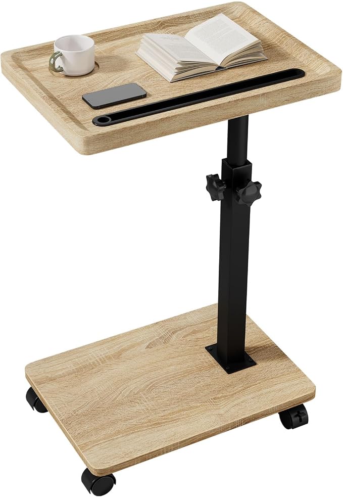 IBUYKE C Shaped Side Table Height Adjustable, 360° Swivel TV Tray Table with Wheels, End Table for Small Spaces,Living Room,Small Bedside Table for Eating, Dinner or Laptop,Natural UTVT007R