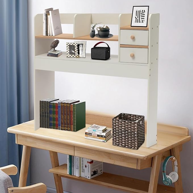 CNCEST Desktop Bookshelf Organizer, Office Shelves Storage Rack, Natural MDF Display Stand Shelf, Office Supplies Home Desk Decor (White)
