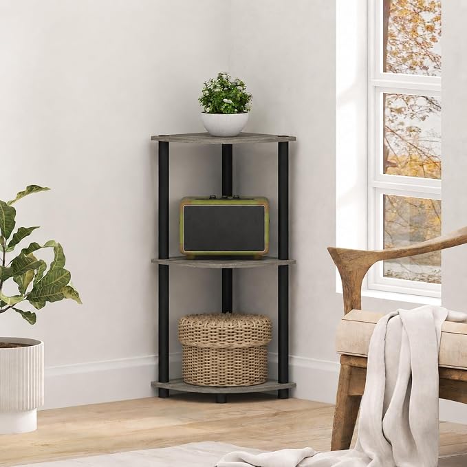Furinno Turn-N-Tube Toolless Assembly 3-Tier Corner Shelf, Grey Corner Book Shelf, Open Shelves Bookshelf, for Organization and Storage, Living Room, Home Office, Bedroom, Grey Oak