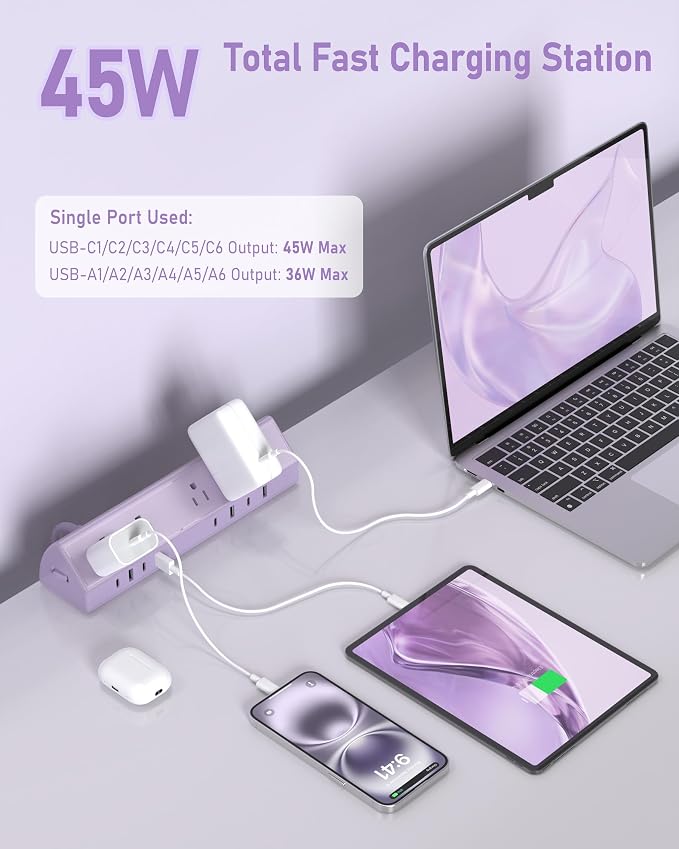 Jgstkcity Desk Clamp Power Strip,45W Fast Charging Station,4 USB-C,4 USB-A,1200J Surge Protector,ETL Listed,1875W Extension Cord,Multiple Outlets for Home, Office (Purple, 10 FT Cable)
