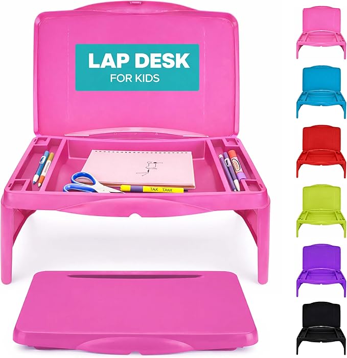 MAVOCRAFT Foldable Kids Lap Tray with Storage - Portable Lap Desk Kids & Adults - Kids Lap Desk for Breakfast in Bed, Serving Tray, Car Desk & Gaming (Pink)