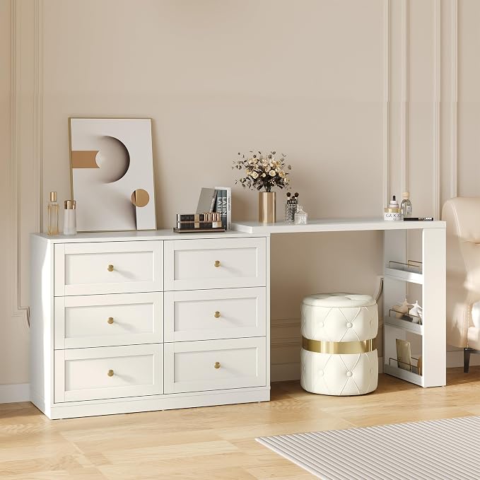 FansaFurn 67" Extendable Corner Vanity Desk, 3 in 1 Makeup Table with Rotatable Tabletop, 3 Side Shelves & 6 Drawers, L-Shaped Vanity Table and Dresser Combo for Bedroom, Dressing Room, White