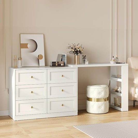 FansaFurn 67" Extendable Corner Vanity Desk, 3 in 1 Makeup Table with Rotatable Tabletop, 3 Side Shelves & 6 Drawers, L-Shaped Vanity Table and Dresser Combo for Bedroom, Dressing Room, White