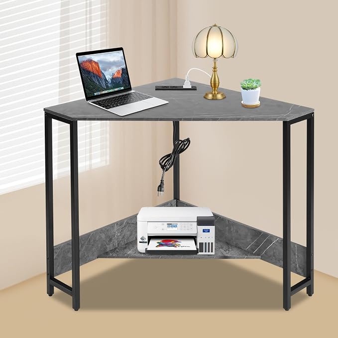 Corner Desk with Outlets and USB Ports, 26.77x26.77x29.53in Triangle Desk with Storage for Home Office, Workstation, Living Room, Bedroom, Small Space (Grey)