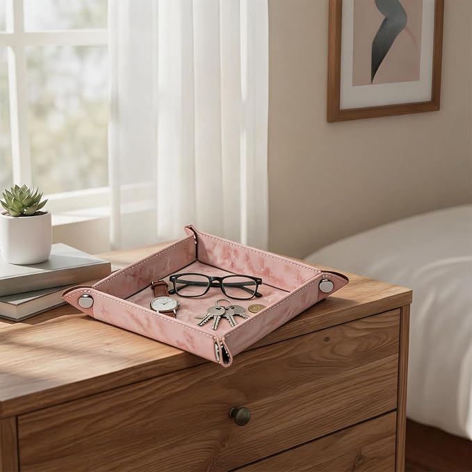 Valet Tray Desktop Storage Organizer – Vegan Leather Catchall Bedside Vanity Tray Nightstand Caddy Holder for Remote Controller, Watch, Keys, Phone, Wallet, Coin, Jewelry, Marble Pink