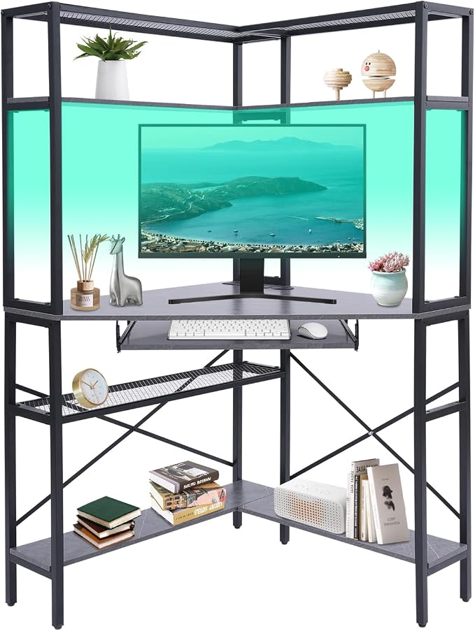Corner Desk with Hutch, 90 Degrees Triangle Computer Desk w/Keyboard Tray & Bookshelves for Small Space Space Saving Writing Desk w/Storage Shelves for Bedroom Apartment (Gray)