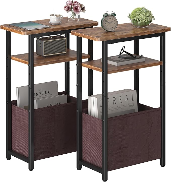 sthmec Narrow Side Table Set of 2, Skinny End Tables with Fabric Basket, Small Side Tables for Small Space,2-Tier Open Shelves with Basket, Slim Nightstands Set 2 for Bedroom,Livinroom, Rustic Brown