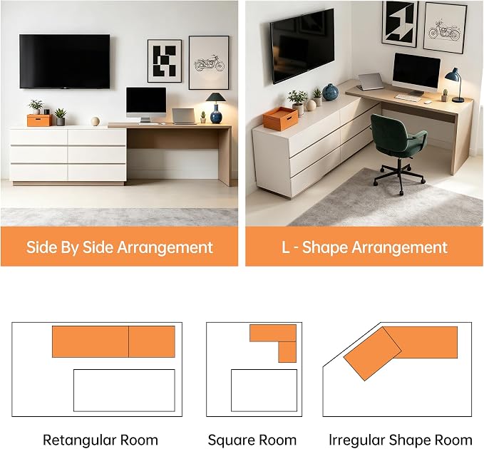Retractable L-Corner Computer Desk with 6 Organizer Drawers for Games, Make-up, Home Office, Khaki (Khaki)