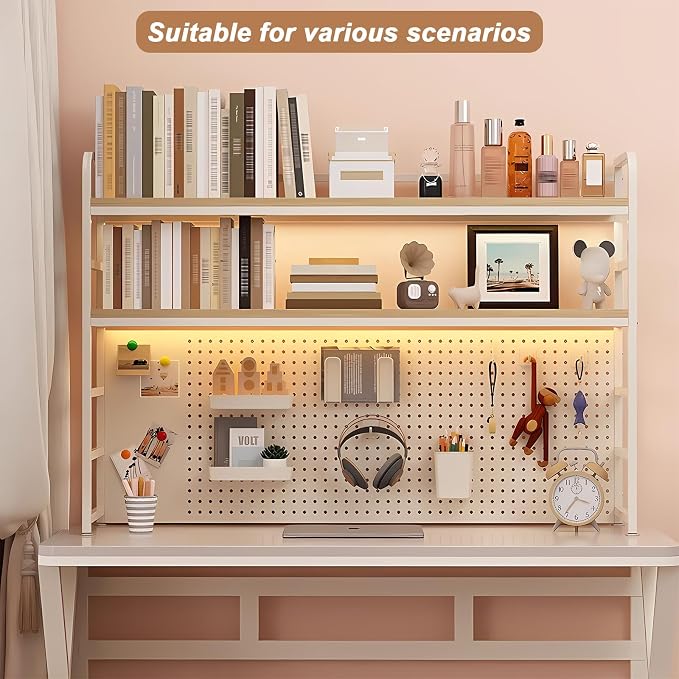2-Tier Desktop Bookshelf Hutch - Metal Desk Shelf Bookcase with Desk Pegboard Countertop Storage Organizer Rack for Dorm or Office (A, 110cm/43in)