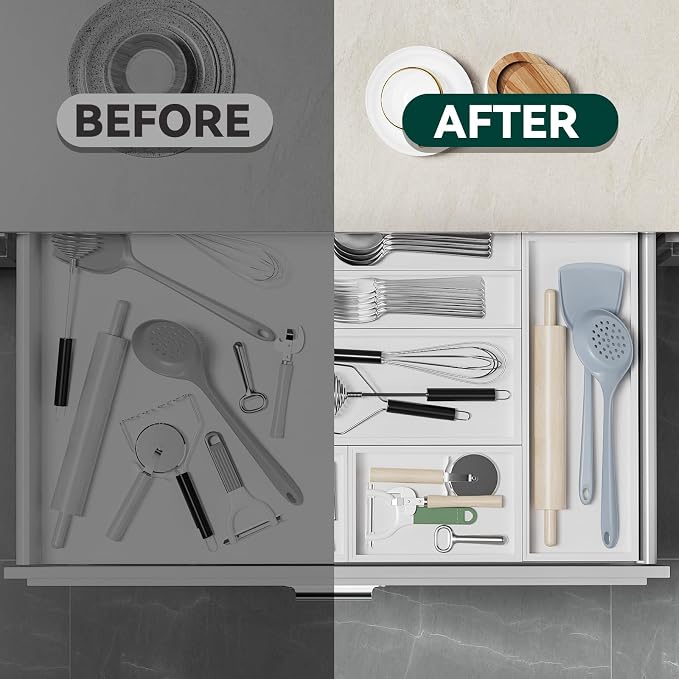 Lixple Bamboo Drawer Organizer, Extra Large Silverware Organizer for Kitchen Drawer, Stackable Utensil Organizer, 2 Pcs Toilet Tank Topper Tray, Wooden Toilet Paper Basket (White, 17 X 6 X 2 Inch)