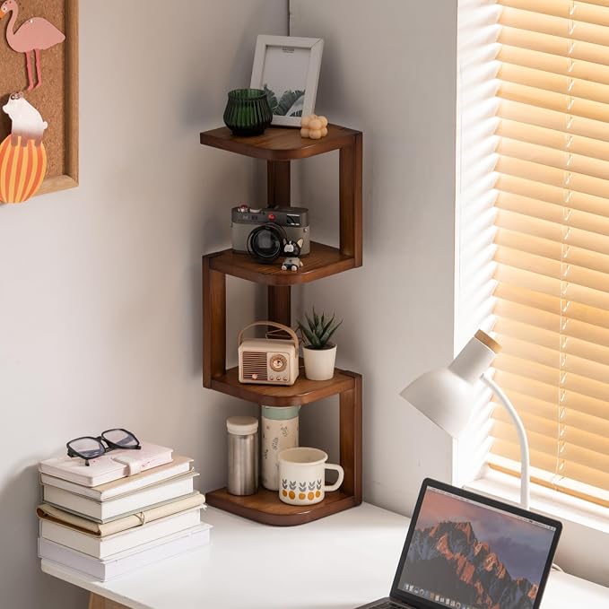 Corner Shelf Stand Desk Organizer,26.8" H Rubberwood Brown Rack for Small Spaces, Bedroom,Home Office,Kitchen,Bathroom (Walnut, 4 Tier)