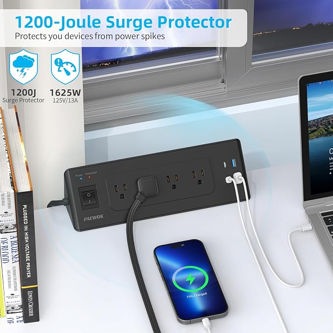 Desk Clamp Power Strip with USB C, Desk Charging Station with 4 Outlets 4 USB Ports, Desktop Mounted Power Strip Surge Protector, 6.5ft Flat Plug Extension Cord, Fit 1.9 inch Tabletop Edge, Black