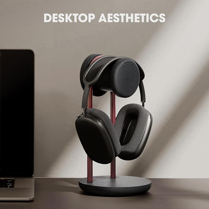Fenge Headphone Stand for Desk, Nature Wood & Metal Headphone Holder with Storage Base, Desktop Headset Stand for Gaming Universal Headphones, Black