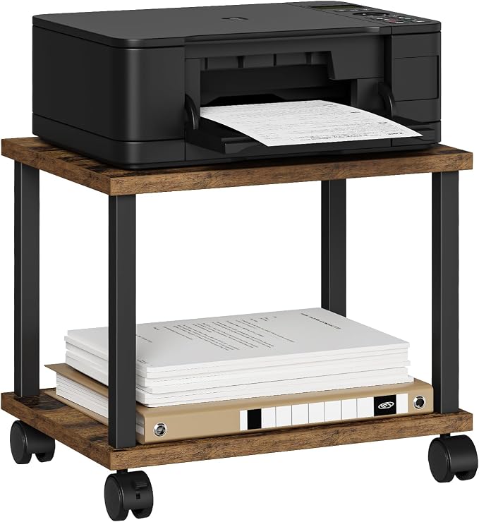 Asgolion Small Printer Table, 2-Tier Under Desk Printer Stand, Printer Stand with Wheels, Printer Shelf for Small Spaces, Printer Cart for Home Office, Rustic Brown