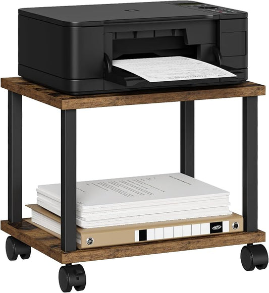 Asgolion Small Printer Table, 2-Tier Under Desk Printer Stand, Printer Stand with Wheels, Printer Shelf for Small Spaces, Printer Cart for Home Office, Rustic Brown