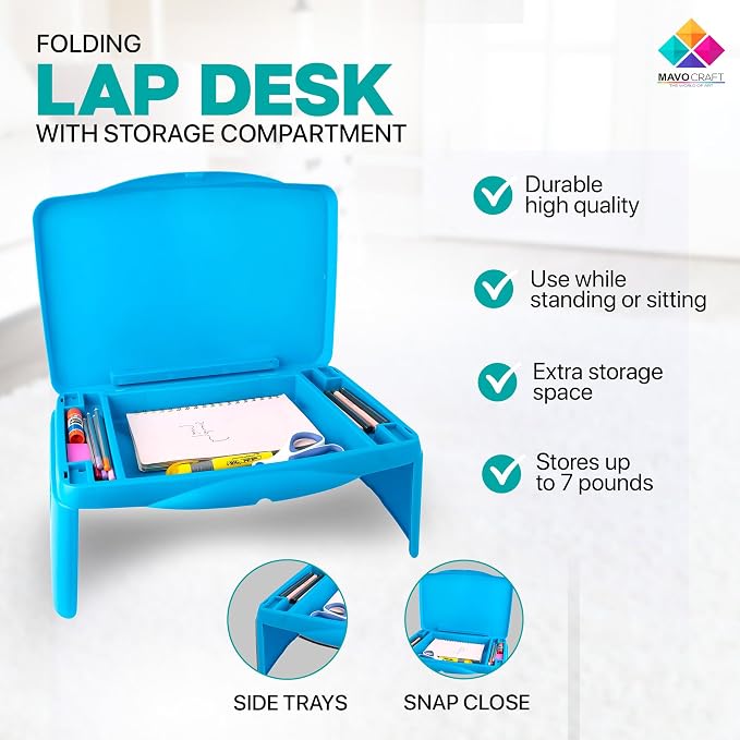 MAVOCRAFT Foldable Kids Lap Tray with Storage - Portable Lap Desk Kids & Adults - Kids Lap Desk for Breakfast in Bed, Serving Tray, Car Desk & Gaming (Blue)