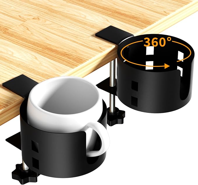 2 Pack Large Desk Cup Holder, OOKUU Anti-Spill Cup Holder for Desk or Table, Sturdy and Durable, Easy to Install, Enough to Hold Coffee Cups, Water Bottles, Gaming PC Office Accessories, Black