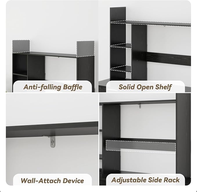 FTZxHKLX Desktop Bookshelf, Wood Desk Organizer Hutch with 3 Shelves for Computer Desk, 37.4'' Multipurpose Display Rack with Storage for College Dorm Office Home, Black