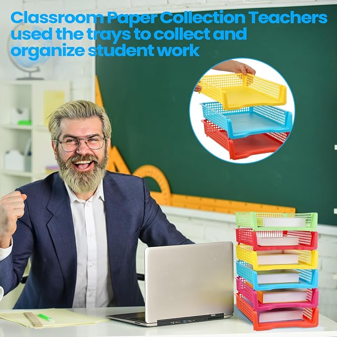 Weysat 12 Pcs Turn in Trays Classroom, Stackable Paper Tray for Classroom Organization Plastic Desk File Organizer Bin Basket for Library Drawer Teacher Office Document Storage (Rainbow,Narrow)