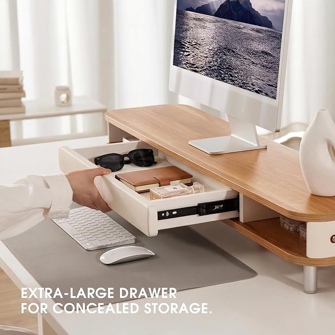 Fenge Monitor Stand with Large Drawer, 42.5 Inch Dual Monitor Riser for 2 Monitors, Ergonomic Computer Desk Shelf with Soft Touch Leather & Storage Organizer for Laptop, Computer, TV, PC, Printers