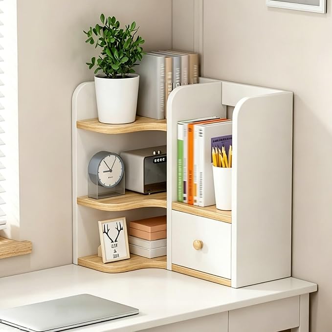 3-tier Corner Desktop Organizer Shelf, Wooden Desktop Bookshelf with Drawers, Multifunctional Desk Hutch Dorm, Desk Display Rack, Cube Storage Organizer Bookcase(White+Wood B-r,23.6x19.6x19.6'')
