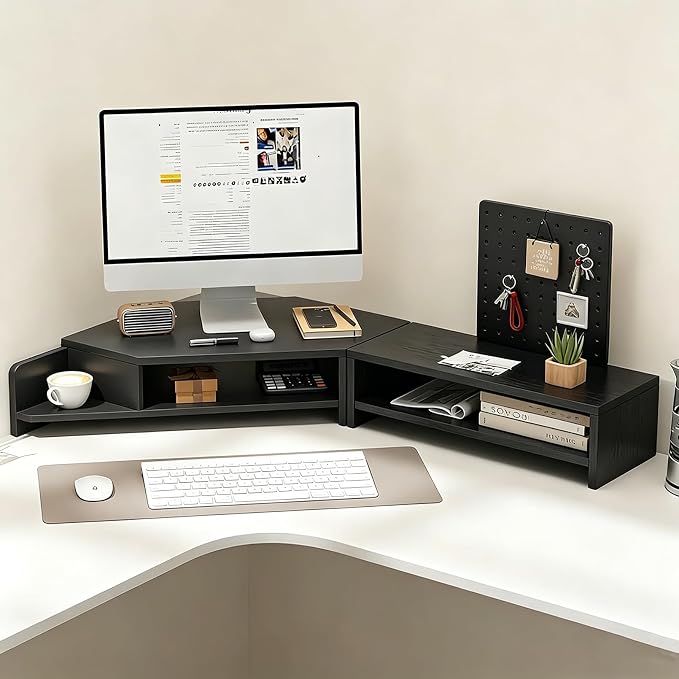 Corner Monitor Stand with Storage Space Triangle Riser Combo Desktop Corner Shelf with Cup Holder Pegboard Office Desk Accessories and Organizer for Office & Home,Black,Double Layer