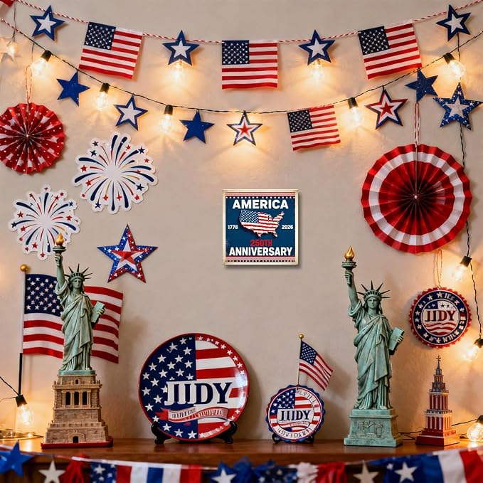 Patriotic Wooden Box Sign,1776-2026 Anniversary 4th Of July Signs Home Decor,Independence Memorial Day Block Sign for Desk Shelf Tabletop Decor
