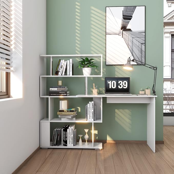 Mondeer 41.7" L Shaped Desk with 4-Tier Storage Shelves, Computer Corner Desk for Study Home Office Living Room (White)
