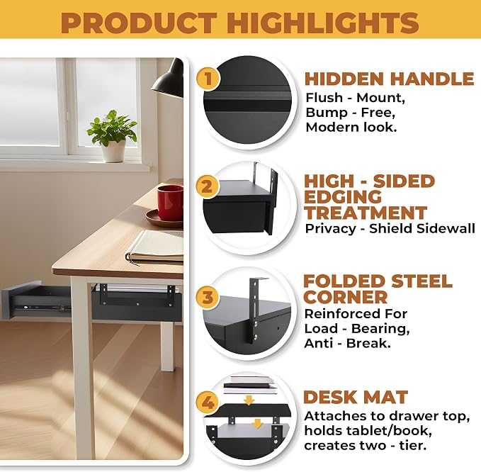 POPMOON 16.6 In Under Desk Drawer For Desk,Adjustable Height, Pull out Storage Organizer with Slide Extension Mounted Under Flat Wooden Table or Workbench, Carbon Steel Hidden Desk Drawer