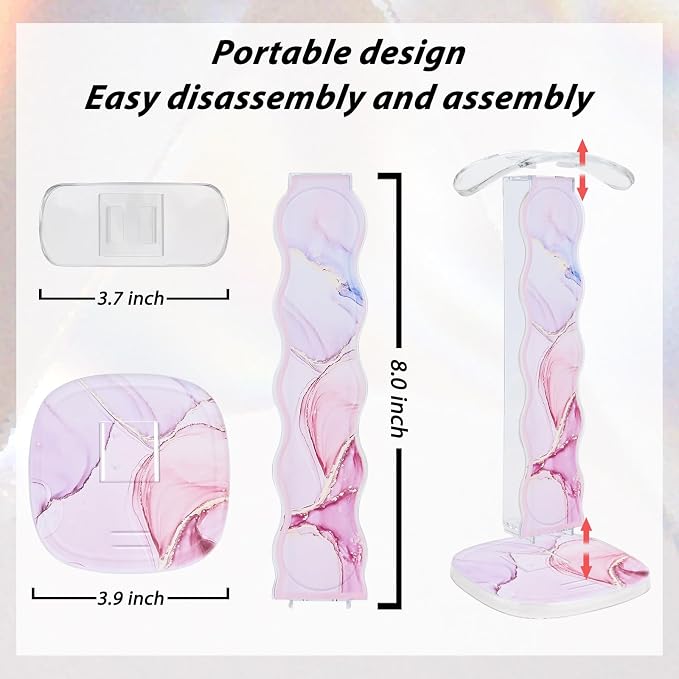 CamyCosy Headphone Stand Gaming Headset Holder for Desk,Luxury Pink Marble Pattern Earphone & Cellphone Stand Desk Accessories for All Headphones Size