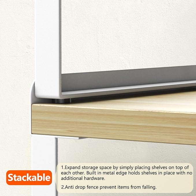 2 Sets Desk Shelves for Top of Desk, 2 Tier Independent Stackable Desktop Shelves, Desktop Organizer Shelf, Adjustable Bookshelf,Metal and Engineered Wood, (White+mapple)