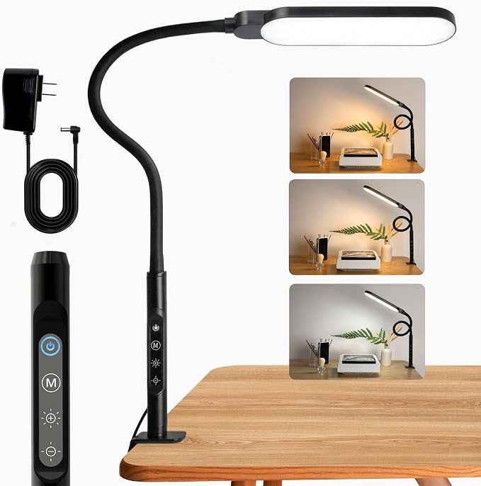 BQAN LED Desk Lamp with Clamp, 15W Eye-Caring Clip on Light, Adjustable Gooseneck Desk Lamps for Home Office with 5 Modes & 9 Brightness Levels for Reading, Studying, Nail Art, and Work(Black)