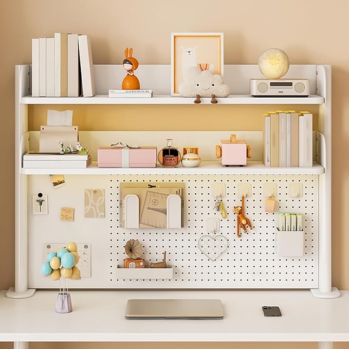 Clamp on Desk Shelf with Pegboard, Black Desktop Bookshelf Organizer Storage Shelves for Home Office Dorm Gaming Desk, Space Saving Tabletop Display Rack Organization (White, 23.6in)