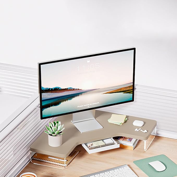 SAZDFY Wooden Corner Monitor Stand, Office Desktop L-Shape Desk Triangle Riser Space Saving Corner Organizer with Drawer, Office Desktop Shelf Organizer for Laptop/Computer, Brown