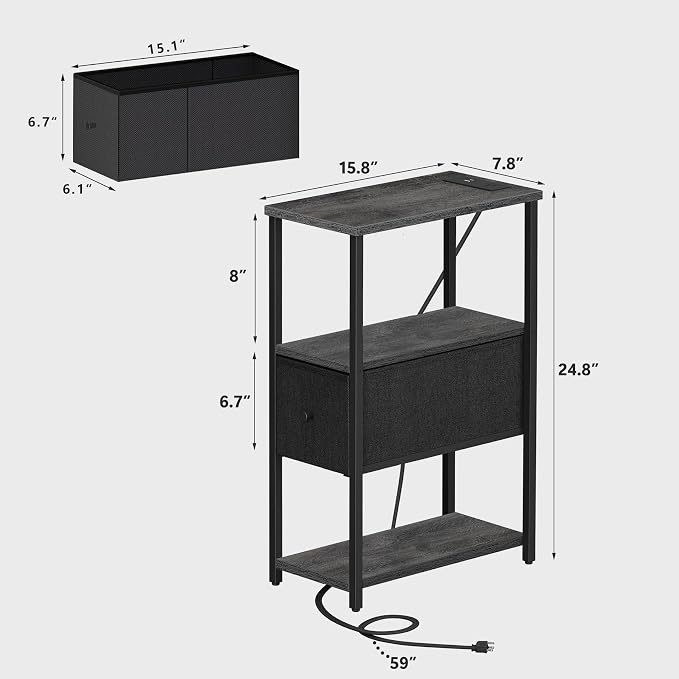 TUTOTAK Small Narrow LED End Table with Charging Station, Side Table Outlets, Nightstand with Cloth Drawer, Set of 2, Couch Table, for Living Room, Bedroom, Bedside, Charcoal Grey TB01BY059