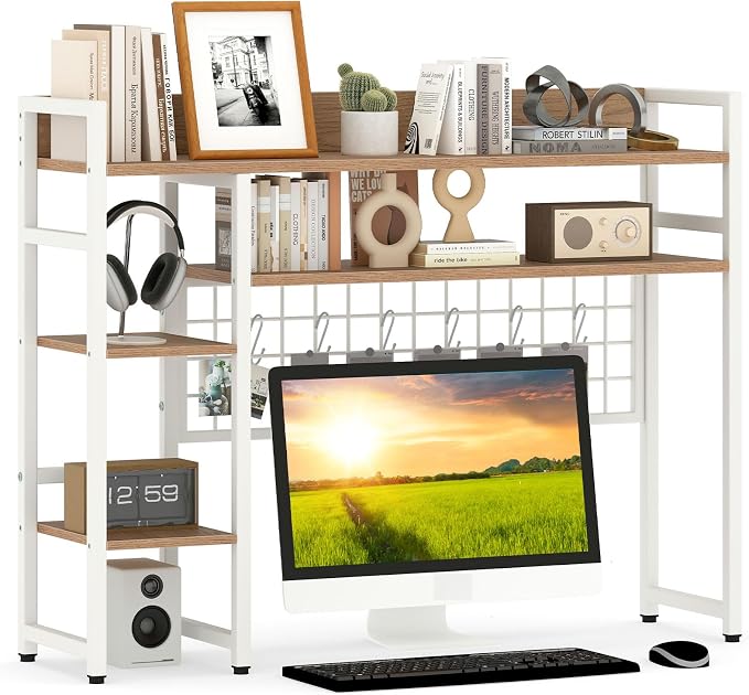 Giantex Desktop Bookshelf, 37" Desk Shelf for Up to 32" Computer Monitor, 4 Tier Desktop Display Shelves w/Grid Panel, 6 Movable Hooks, Anti-tip Device, Desk Hutch for Home Office Dorm (Natural)