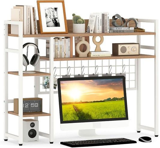 Giantex Desktop Bookshelf, 37" Desk Shelf for Up to 32" Computer Monitor, 4 Tier Desktop Display Shelves w/Grid Panel, 6 Movable Hooks, Anti-tip Device, Desk Hutch for Home Office Dorm (Natural)
