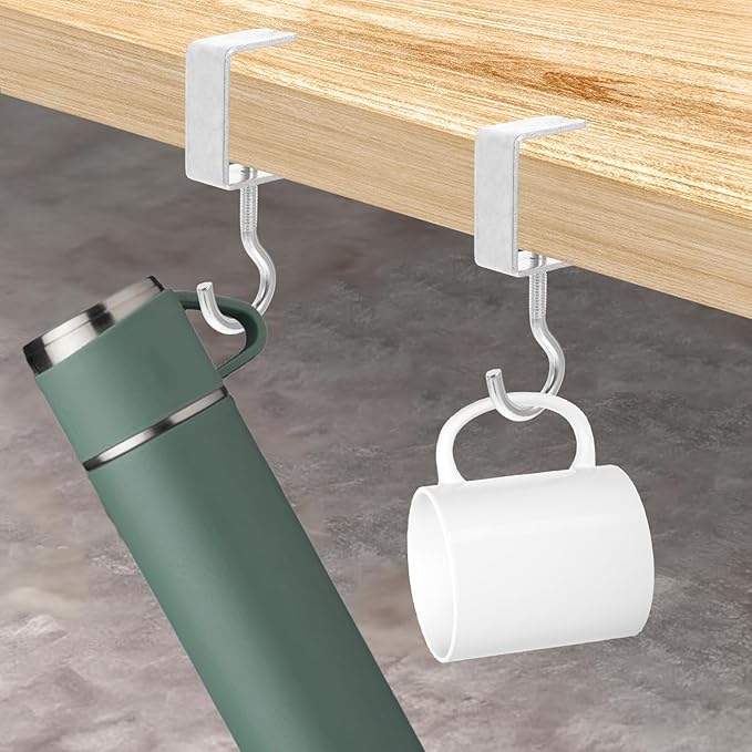 cobee Clamp-On Under Desk Hooks, Desk Mount Hanging Bag Holder Metal Hook Adjustable Headphones Clamp Organizer Portable Purse Hanger Clip Reduce Desk Clutter Table Desk Under Counter (4 Pcs, Silver)