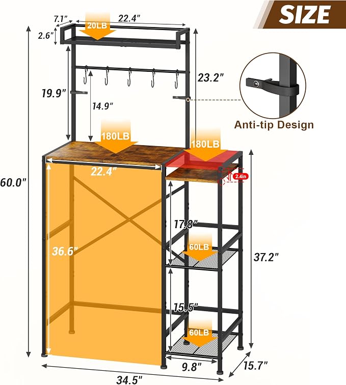 Mini Fridge Stand with Storage Shelves, Kitchen Bakers Rack, Coffee Bar, Microwave Oven Stand, Wine Cabinet, Refrigerator Stand with 5 Lockable S Hooks for Dorm, Apartment, Living Room, Office