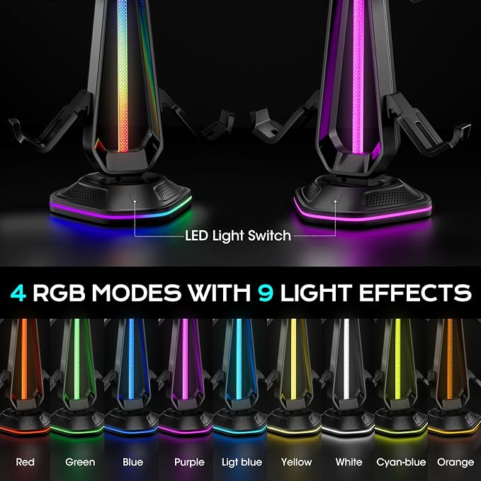 Saitake RGB Controller Holder with 9 Light Modes,Controller Stand with 2 USB Ports,Headset Stand for Desk-Headphone Holder Suitable for Xbox PS4 5 Switch Controllers Gaming Room Deco