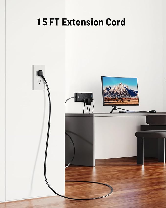 Surge Protector Power Strip 4800J, LeZone 15Ft Long Extension Cord Flat Plug, 12 Outlets 2 USB C 2 USB Ports, Wall Mountable, Desk Charging Station, Black