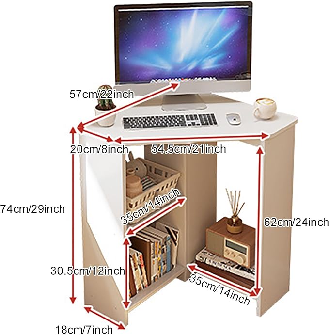 SAZDFY Corner Desk for Small Space, Triangle Computer Desk Corner Writing Desk with Storage Shelves & CPU Stand, Makeup Vanity Table for Home Office, Workstation(57x57x74cm(22x22x29inch), White)
