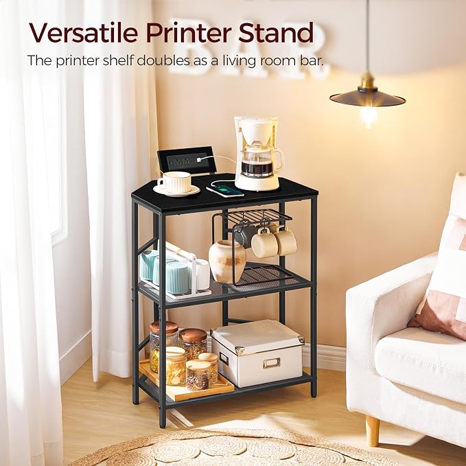 MAHANCRIS Corner Printer Stand with Charging Station, 3-Tier Large Printer Table with Adjustable Feet, Metal Frame Storage Shelf for Office, Living Room, Small Space, Black PTBK14E01